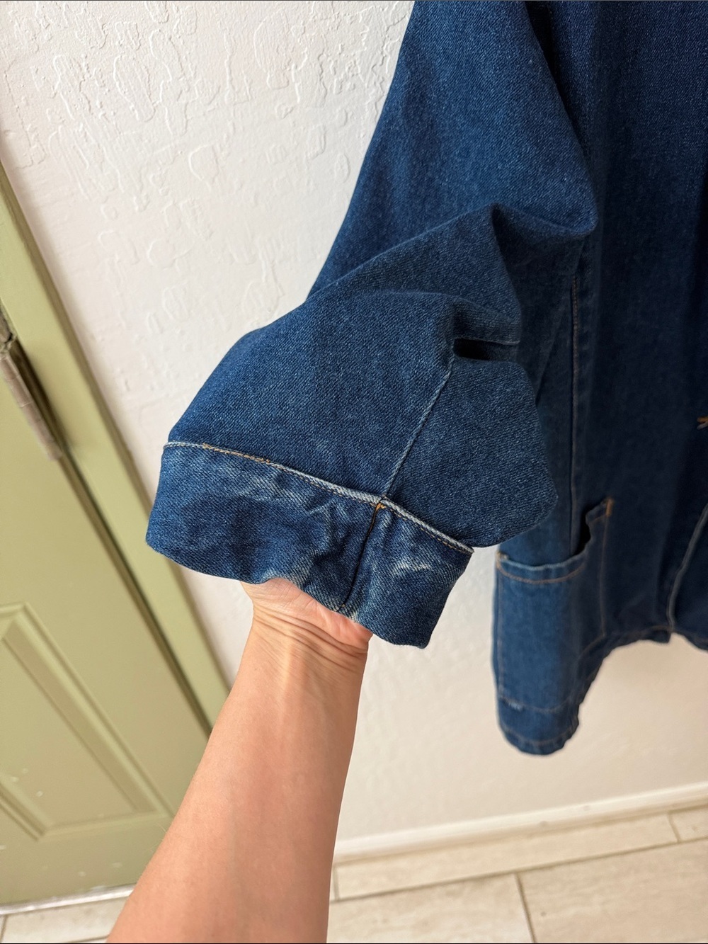 S. Blues Denim Chore Jacket Blazer 3/4 Sleeve Pockets Roll Cuff - Picture 2 of 10